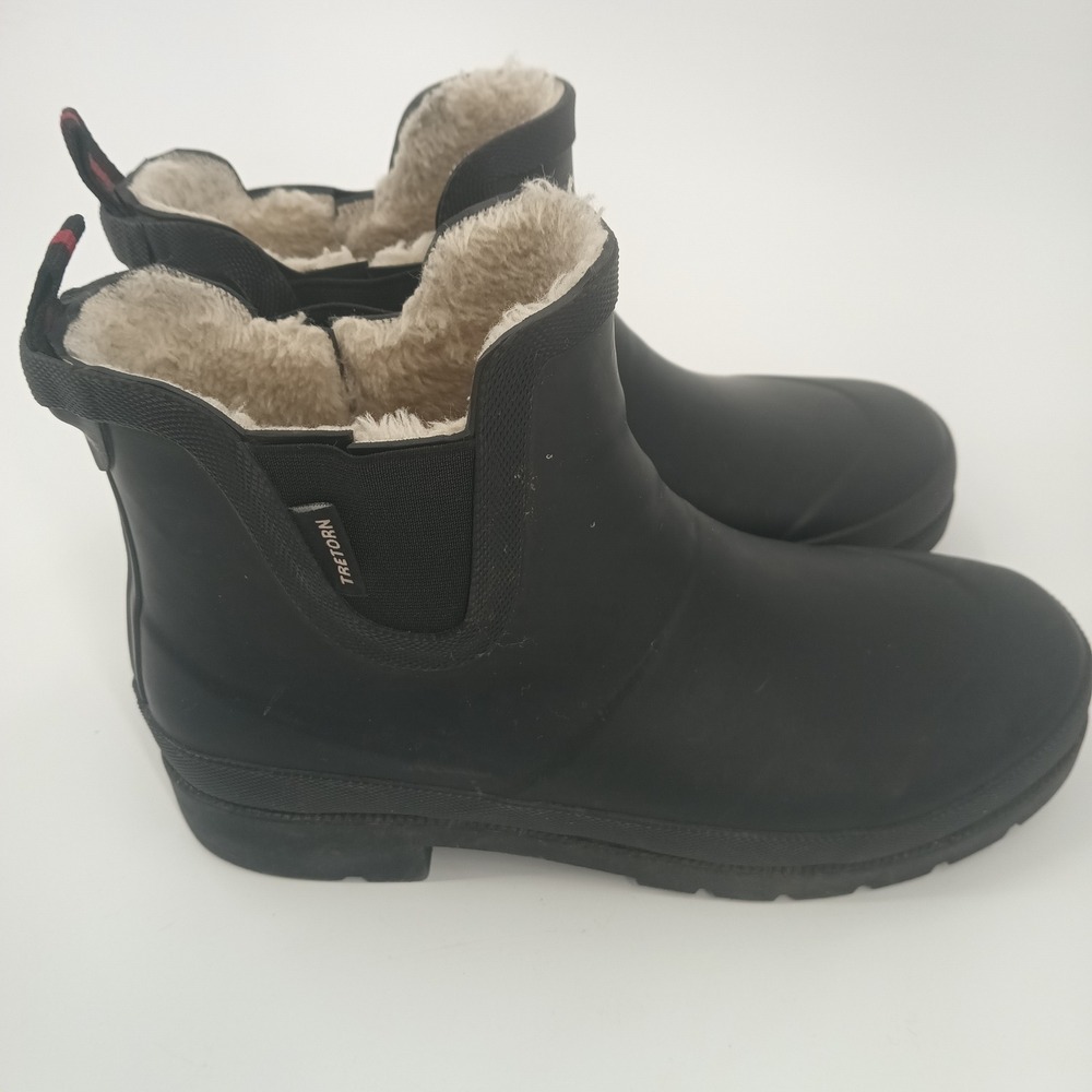 Tretorn Womens Black Rubber‎ Chelsea Rain Boots Faux Fur Lined Ankle Size 8